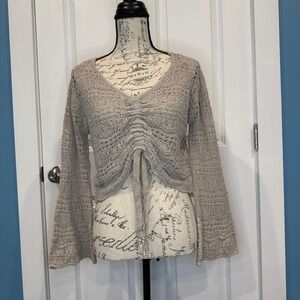 Wishlist Women's Beige Crochet Knit Crop Sweater‎ Bell Sleeve V-Neck Size Small